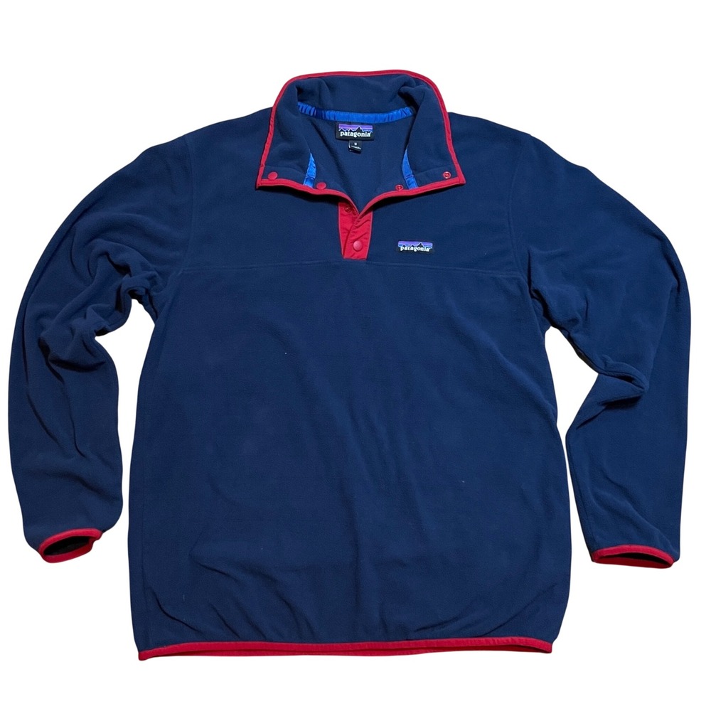 Patagonia Micro D Snap-T Fleece Mens Medium Navy Blue Red Trim Pullover Jacket - Picture 2 of 11